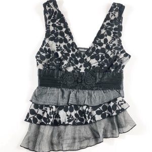 Lace Asymmetric Tiered Ruffle Plunge Top